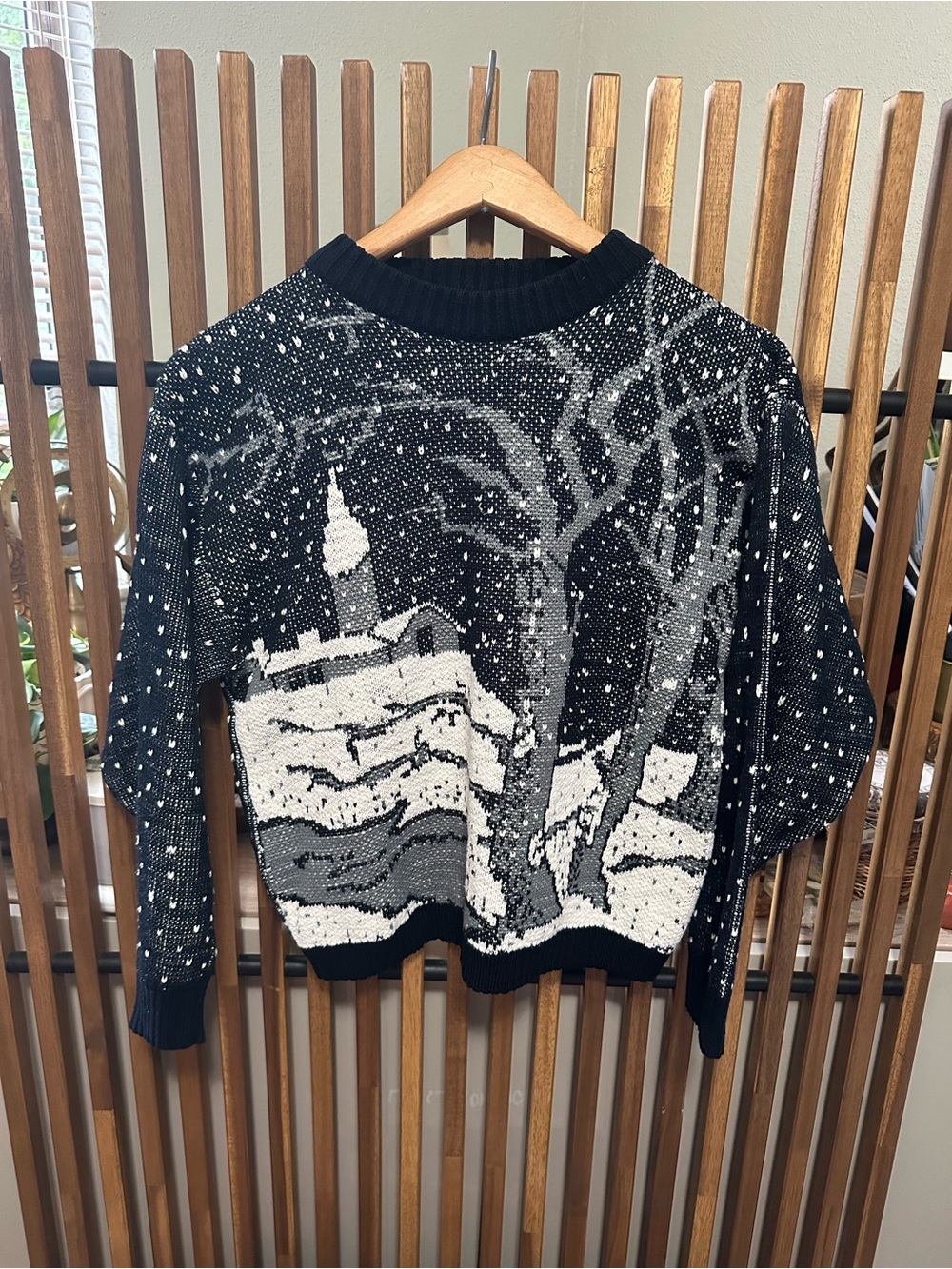 VTG Extra Black White Winter Scenic Snow Village Knit Sweater Size XS